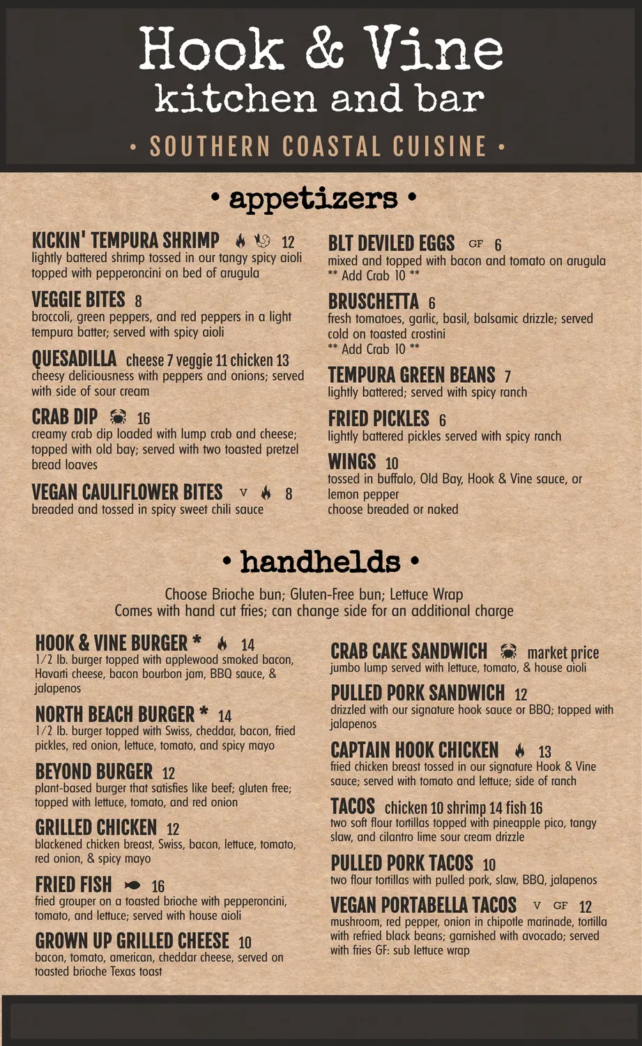 Hook & Vine - Kitchen and Bar Menu - Updated November 2025