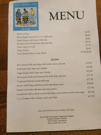 The Cornish Arms Menu | Saint Ives | Checkle