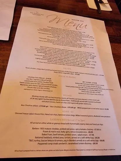 The Badger Inn Menu | Nantwich | Checkle