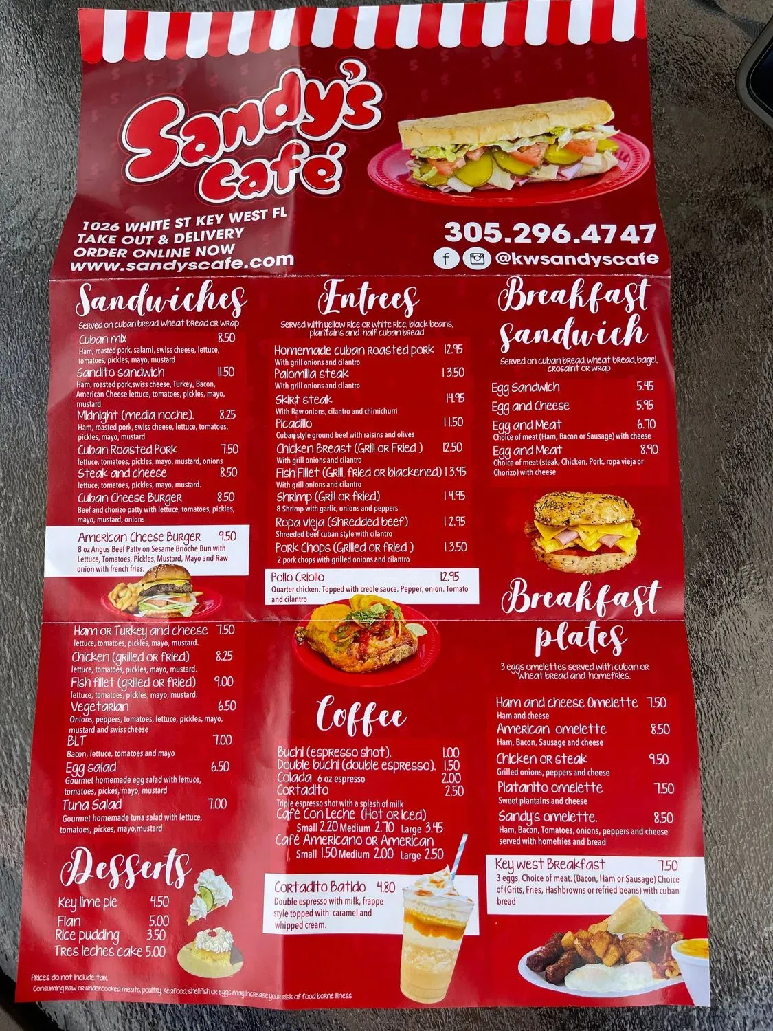 Sandy's Café Menu - Updated November 2025