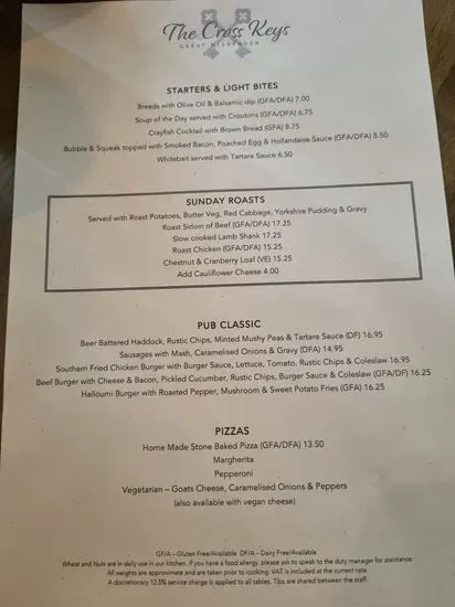 The Cross Keys Menu | Great Missenden | Checkle