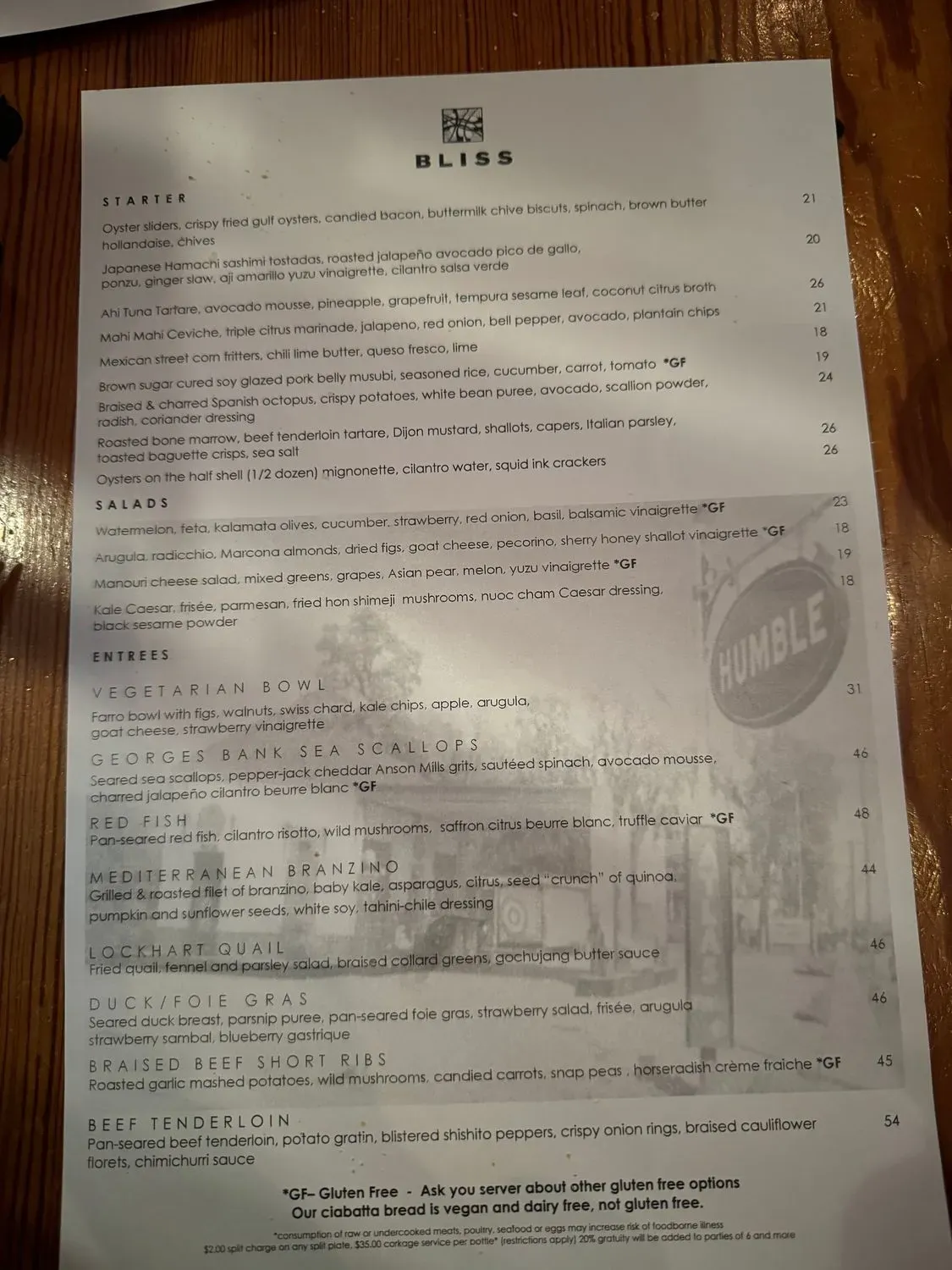 Bliss Restaurant Menu Updated November 2025