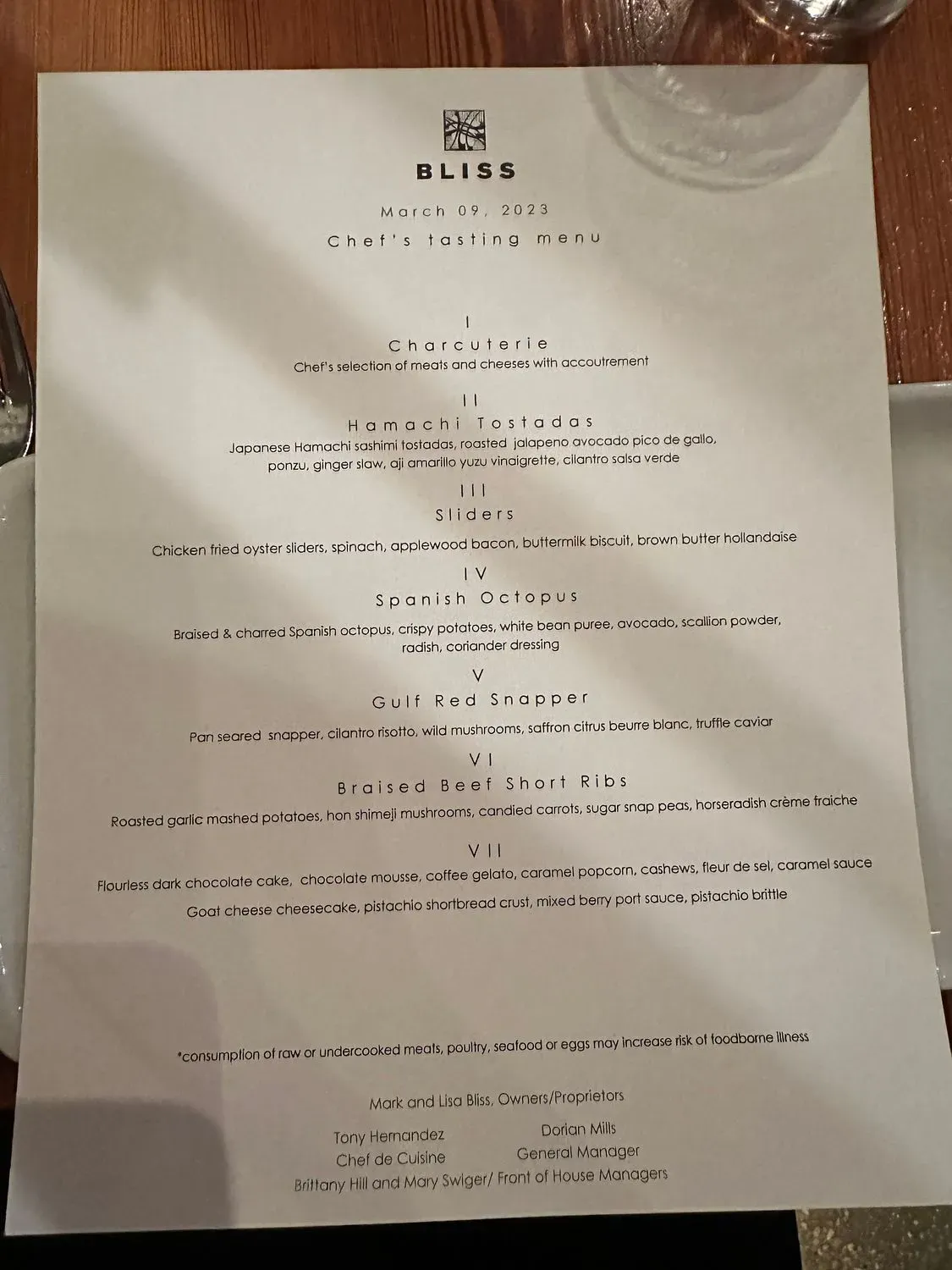 Bliss Restaurant Menu Updated November 2025