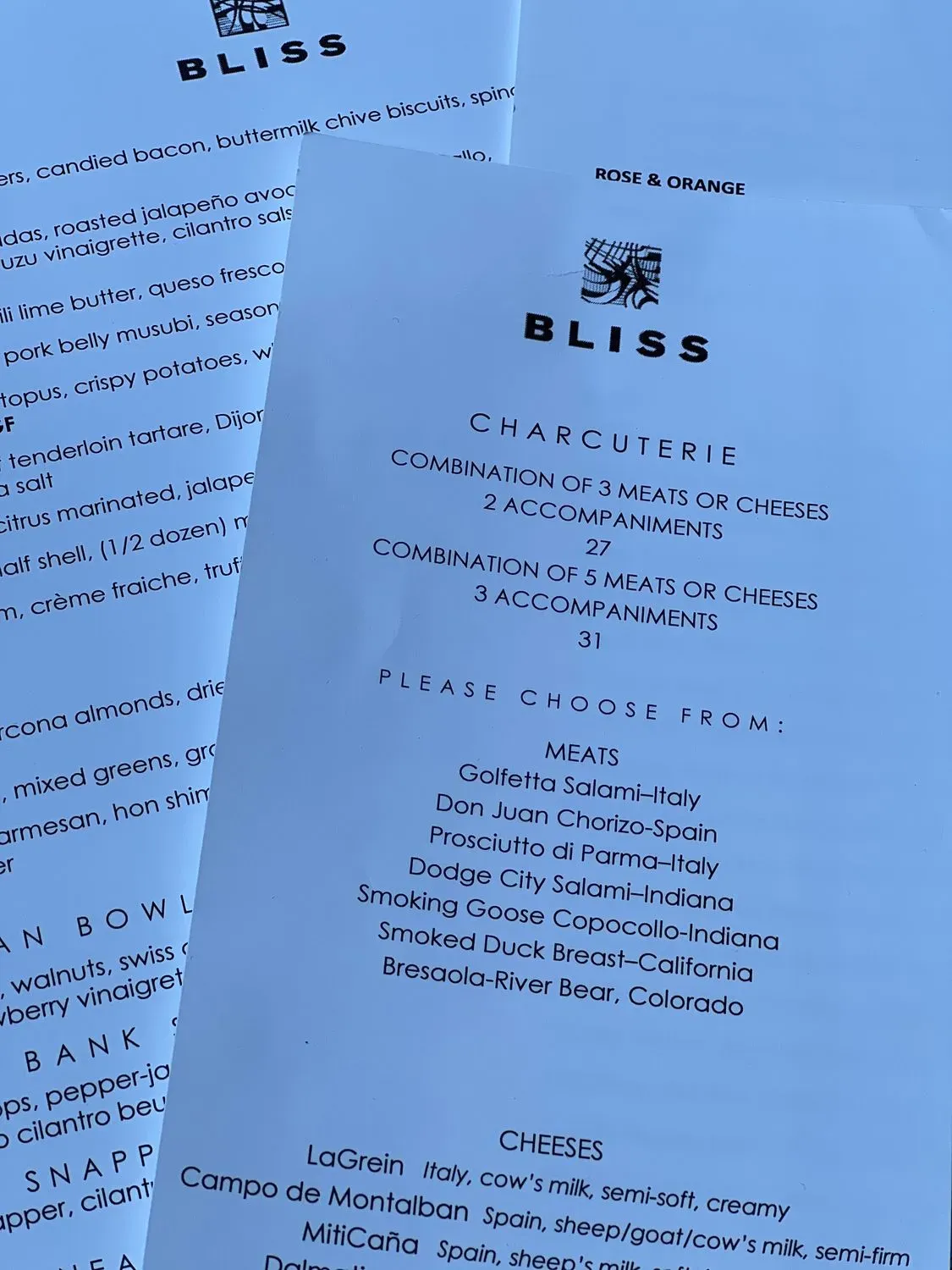 Bliss Restaurant Menu Updated November 2025