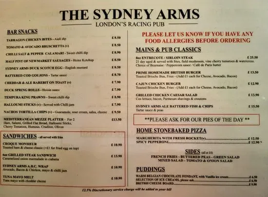 The Sydney Arms Menu | London | Checkle