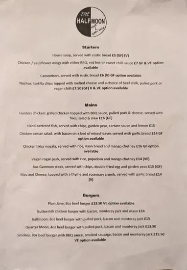 The Half Moon Menu | Shaftesbury | Checkle