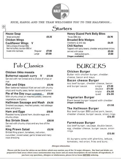 The Half Moon Menu | Shaftesbury | Checkle