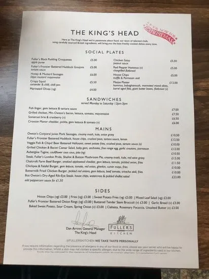 The King's Head, Guildford Menu 