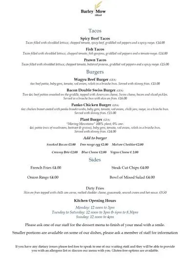 The Barley Mow Tilford Menu | Farnham | Checkle