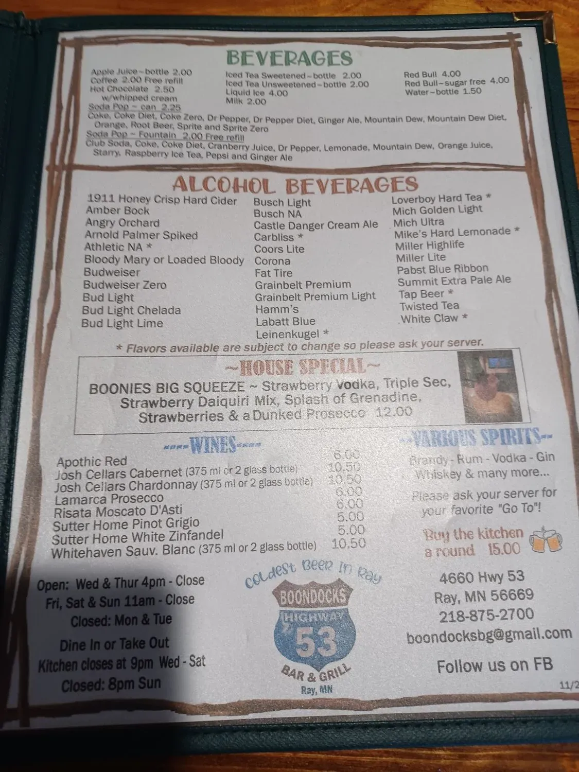 Boondocks Bar & Grill + RV Campground Menu - Updated November 2025