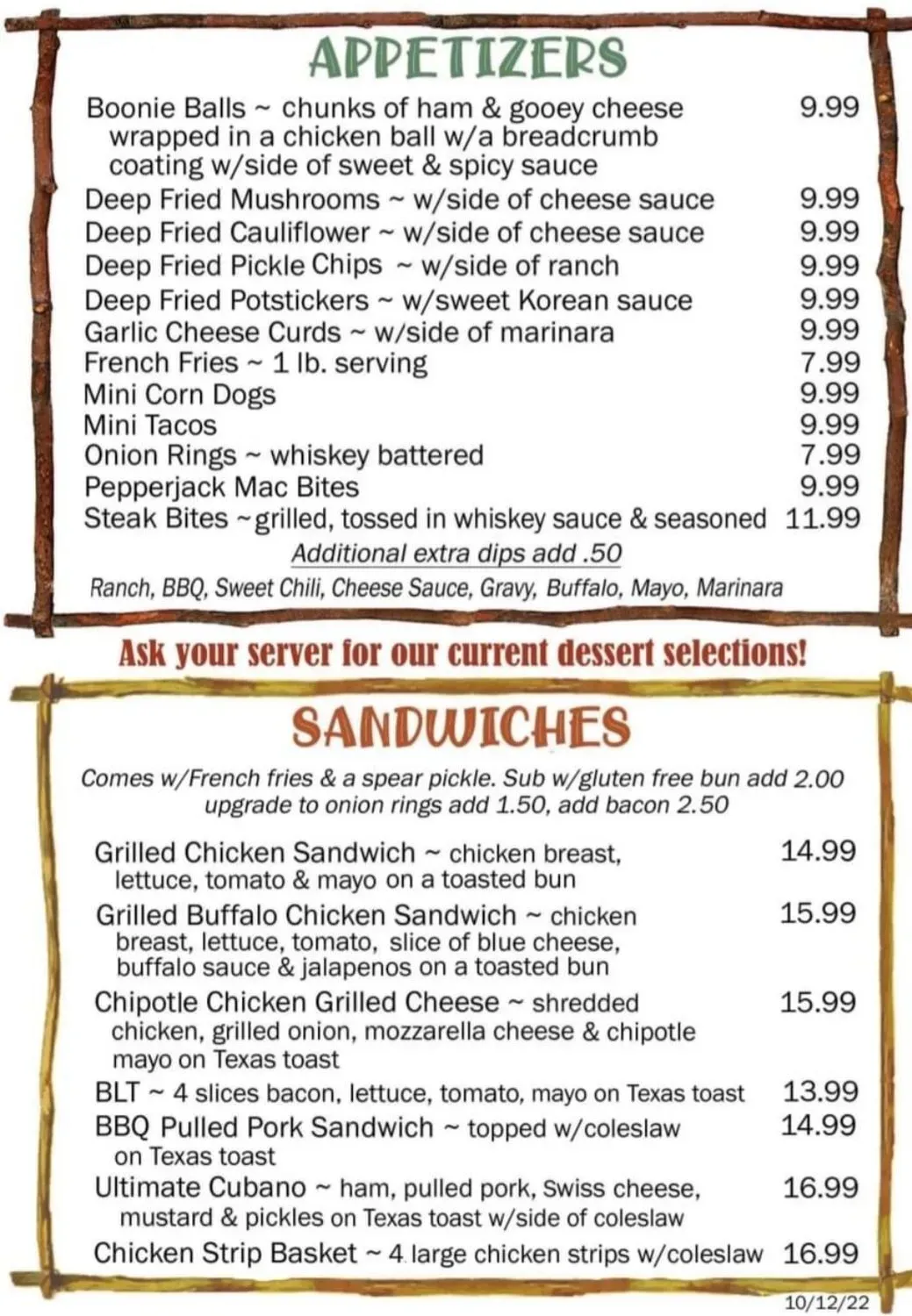 Boondocks Bar & Grill + RV Campground Menu - Updated November 2025
