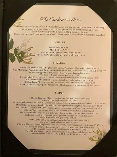 The Cricketers Arms Menu | Common | Checkle