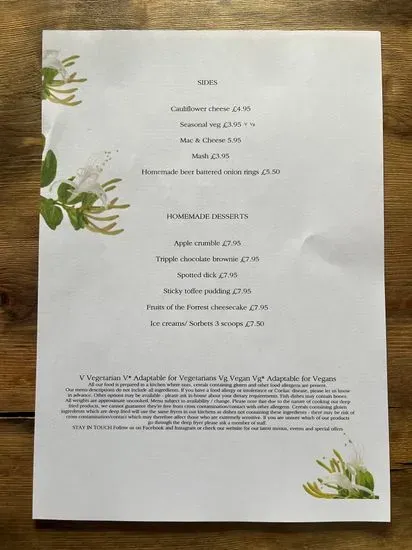 The Cricketers Arms Menu | Common | Checkle