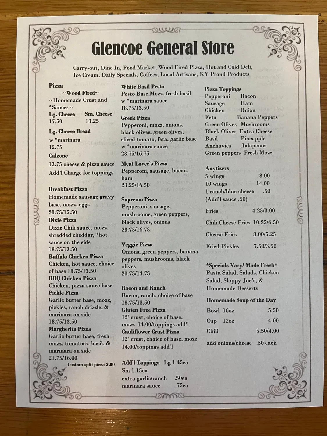 Glencoe General Store Menu - Updated November 2025