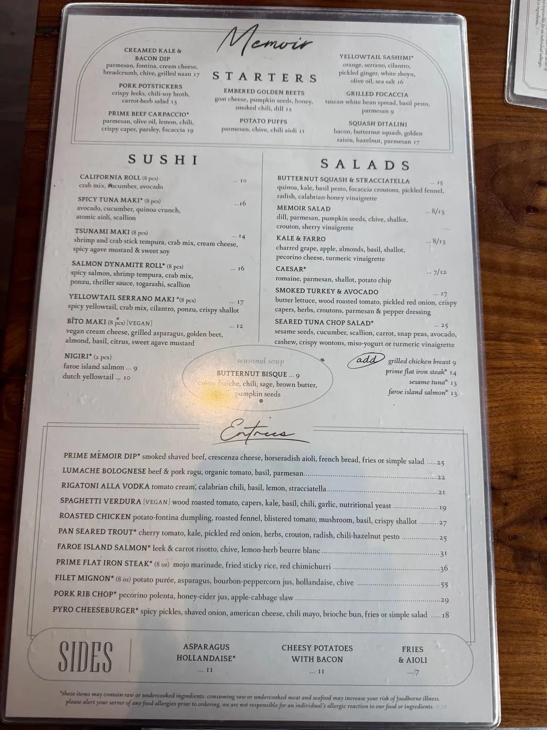 Memoir Menu - Updated November 2025