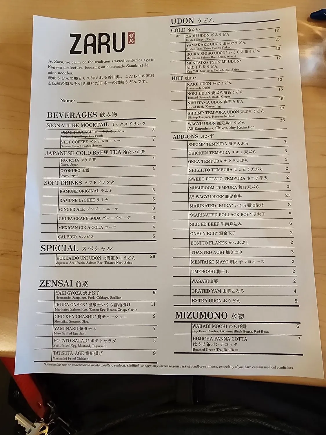 Zaru Menu - Updated November 2025