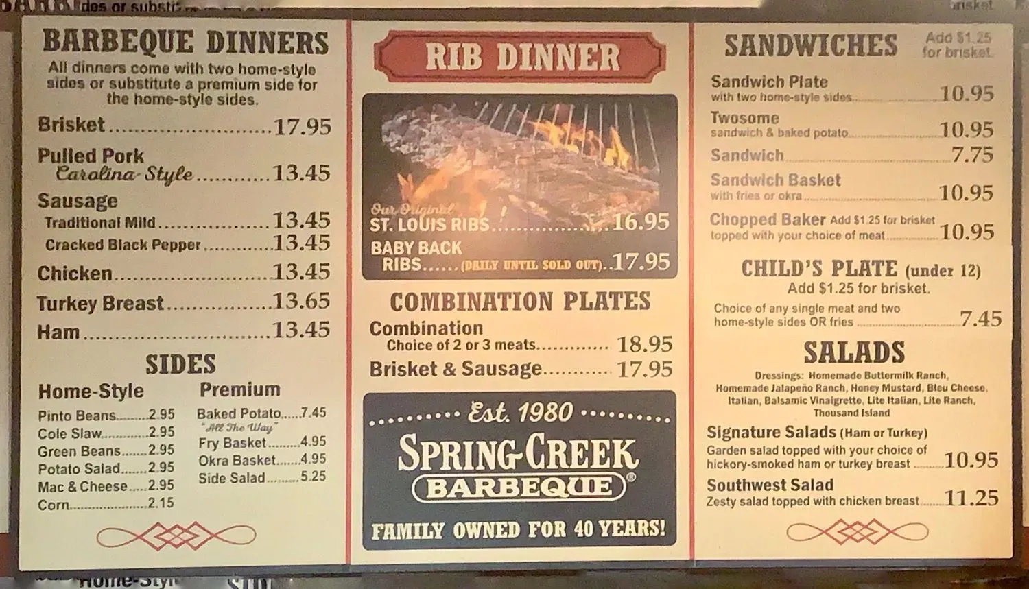 Spring Creek Barbeque Menu - Updated November 2025