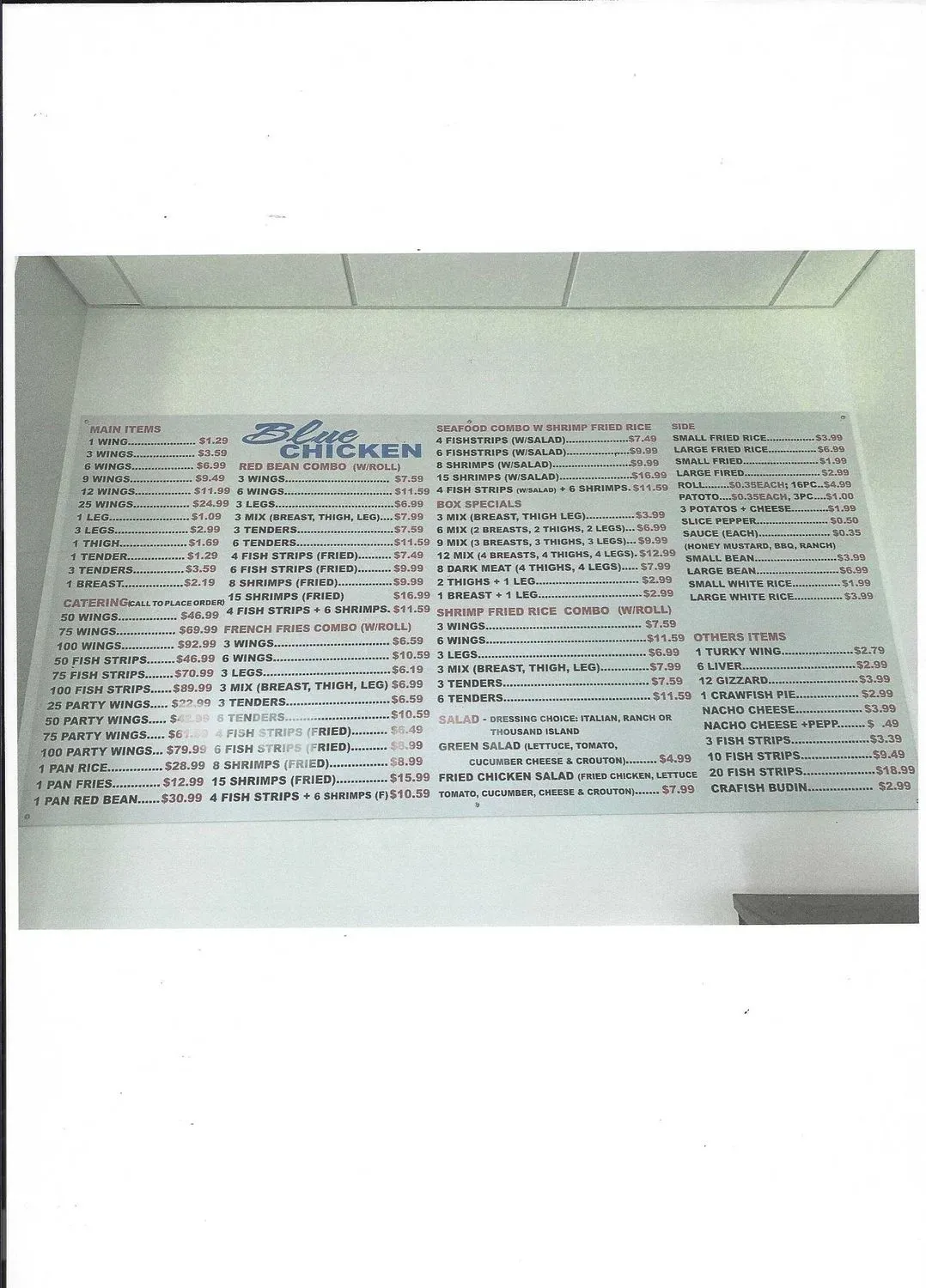 Blue Store Chicken Menu - Updated October 2025