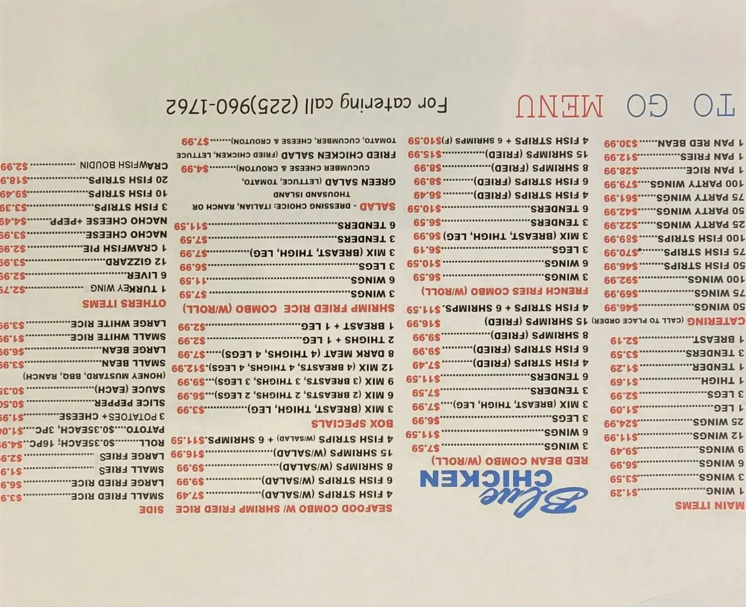 Blue Store Chicken Menu - Updated October 2025