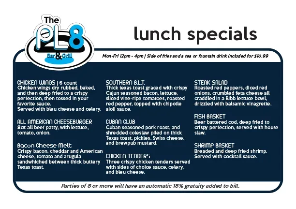 The PL8 Bar & Grill Menu - Updated November 2025