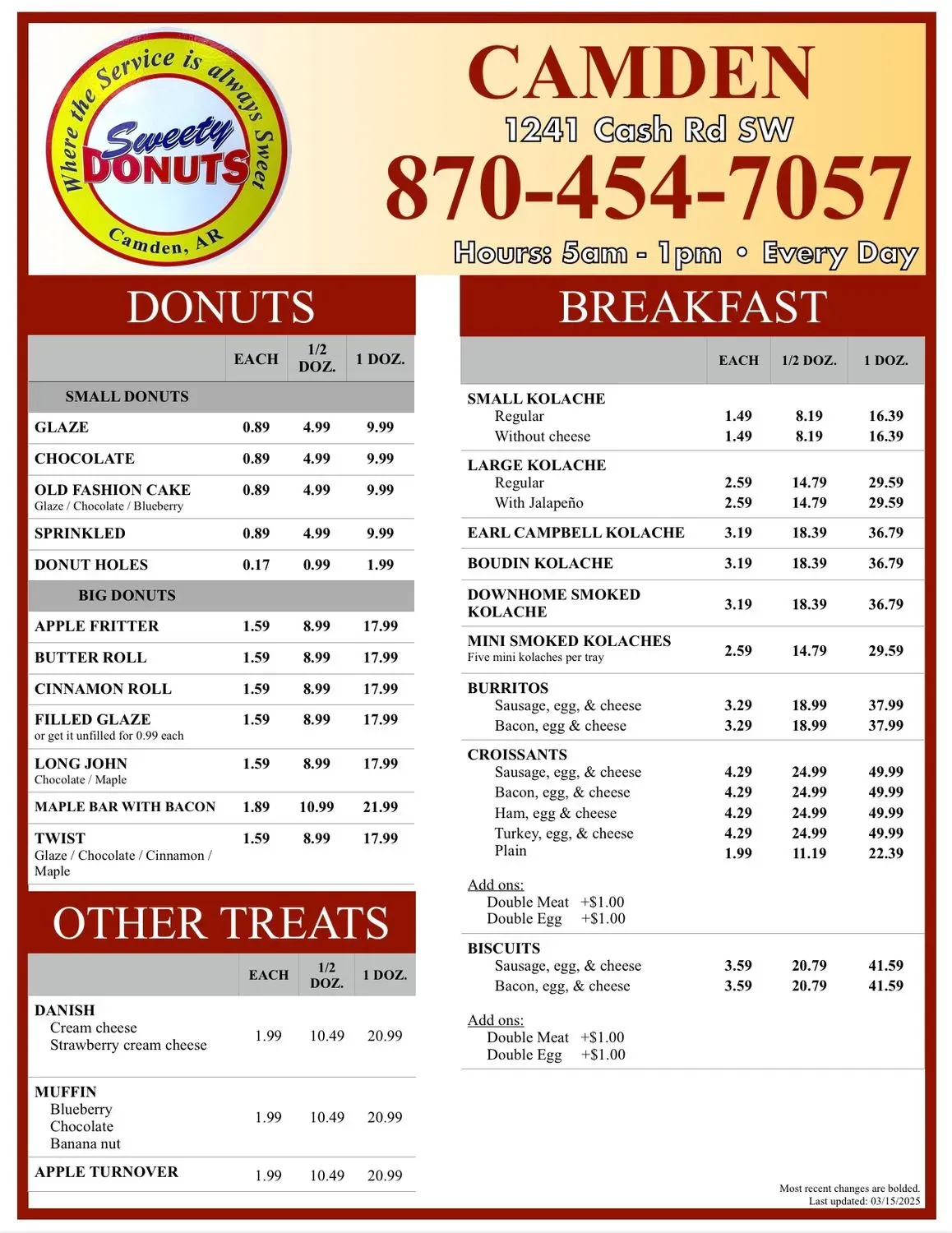 Sweety Donuts Menu - Updated November 2025