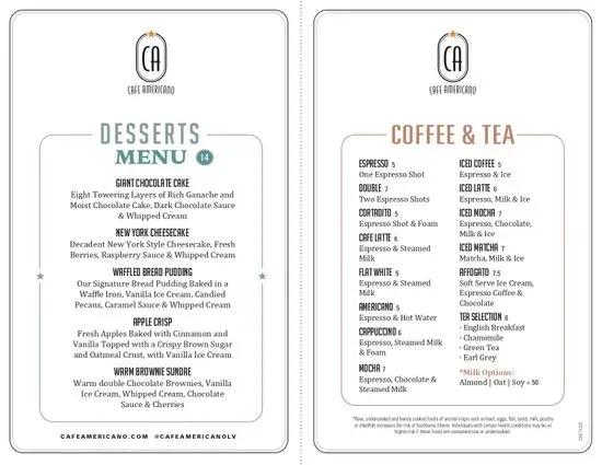 Cafe Americano at Caesars Palace Menu | Las Vegas, NV | Checkle