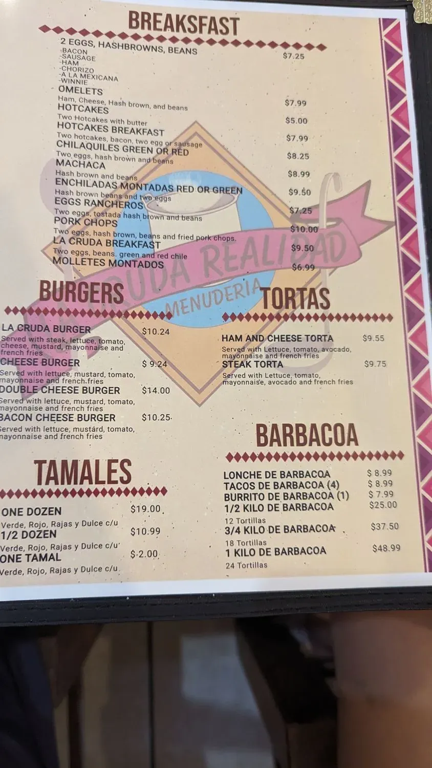 La cruda realidad Menu - Updated November 2025