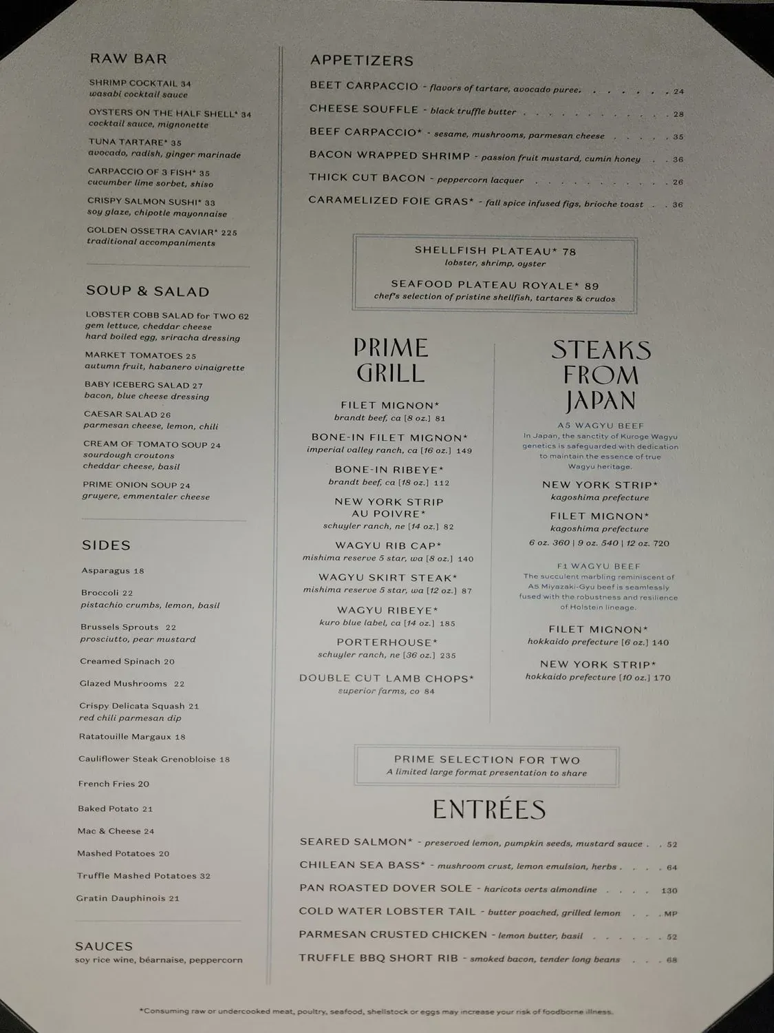 Prime Steakhouse Menu - Updated November 2025