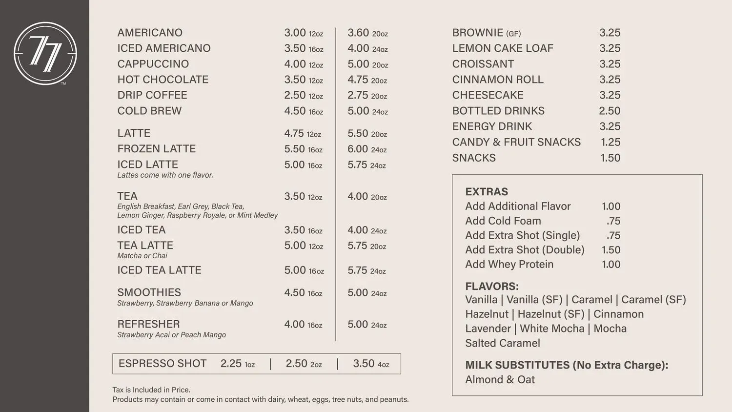 77 Coffeehouse Menu - Updated November 2025