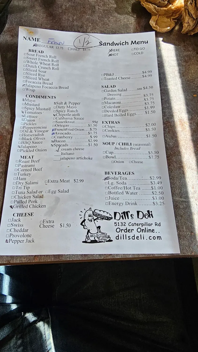 Dill's Deli Menu - Updated November 2025