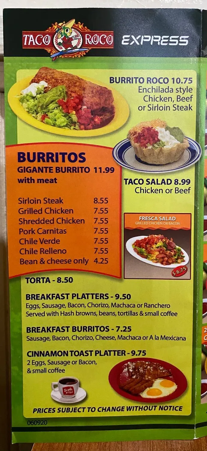 Taco Roco Express Menu - Updated November 2025