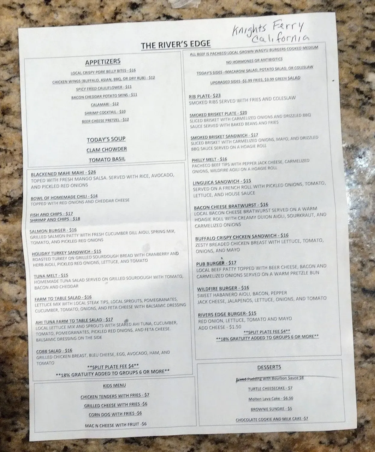 The River's Edge Menu - Updated November 2025