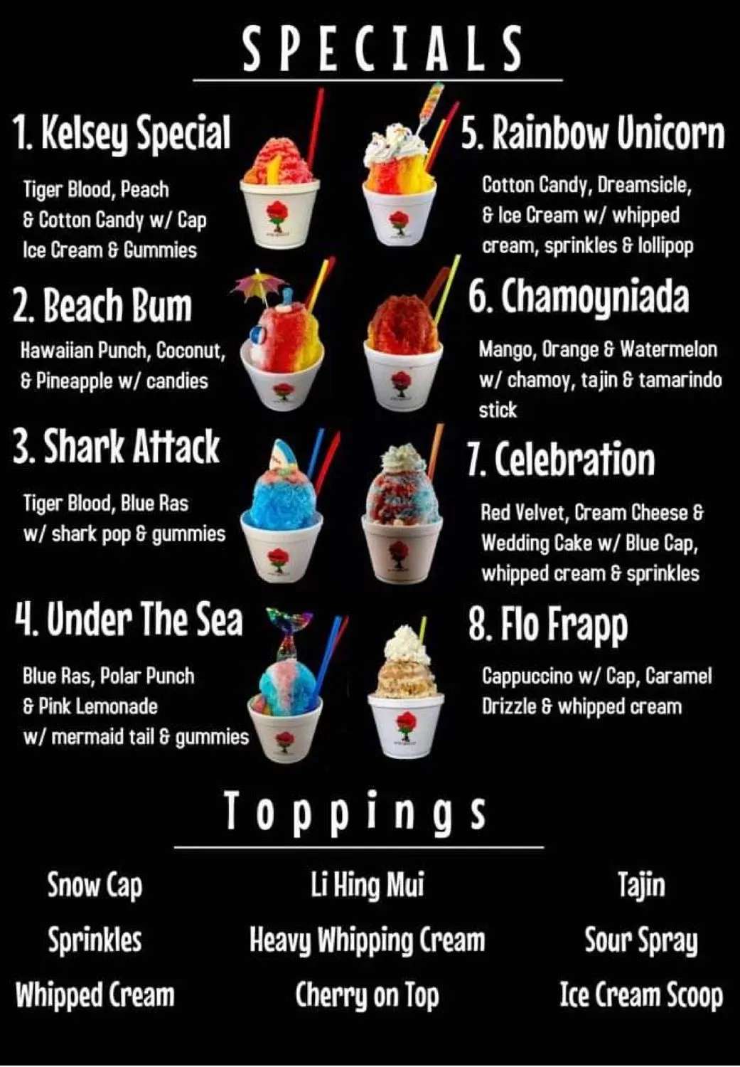 The Snow Flo Shaved Ice Menu - Updated November 2025