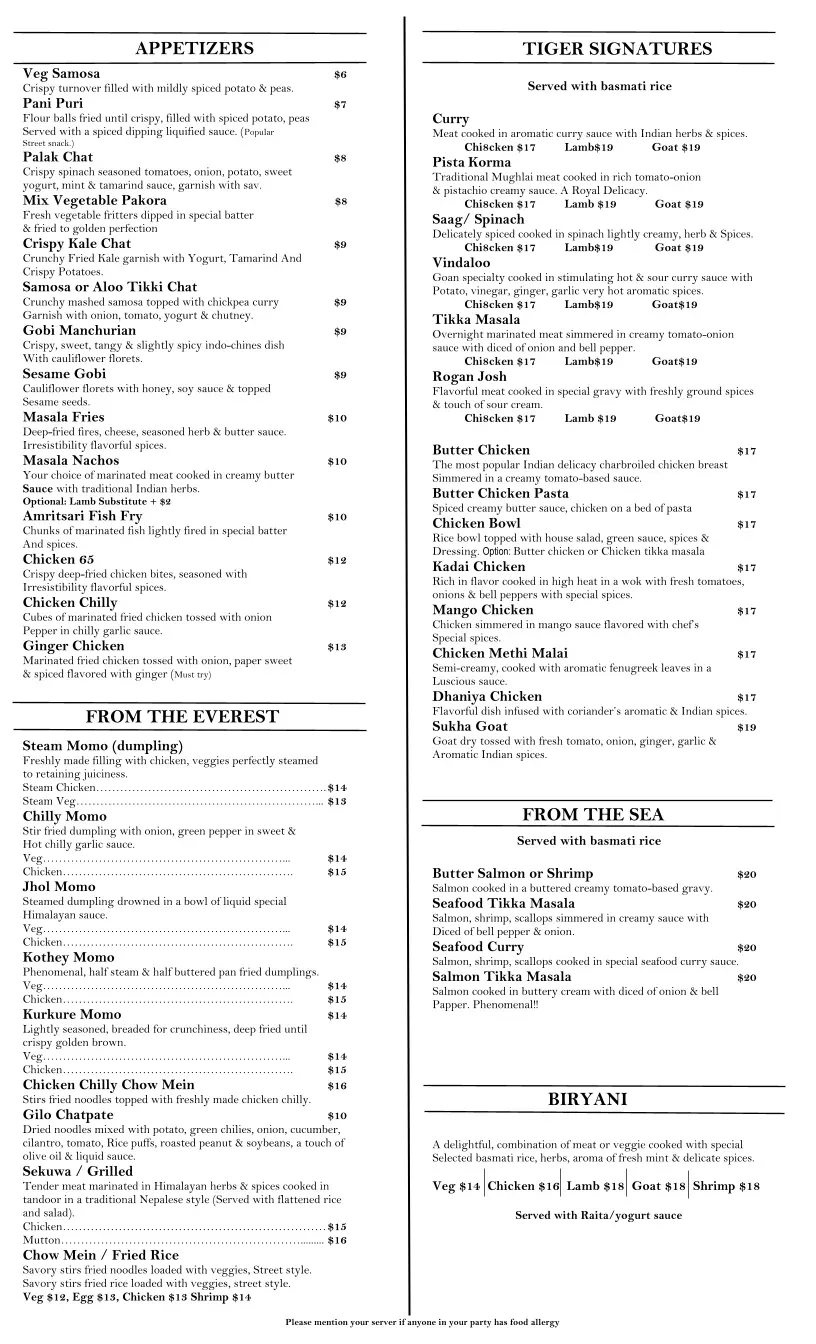 White Tiger Indian Restaurant & Bar Menu - Updated November 2025