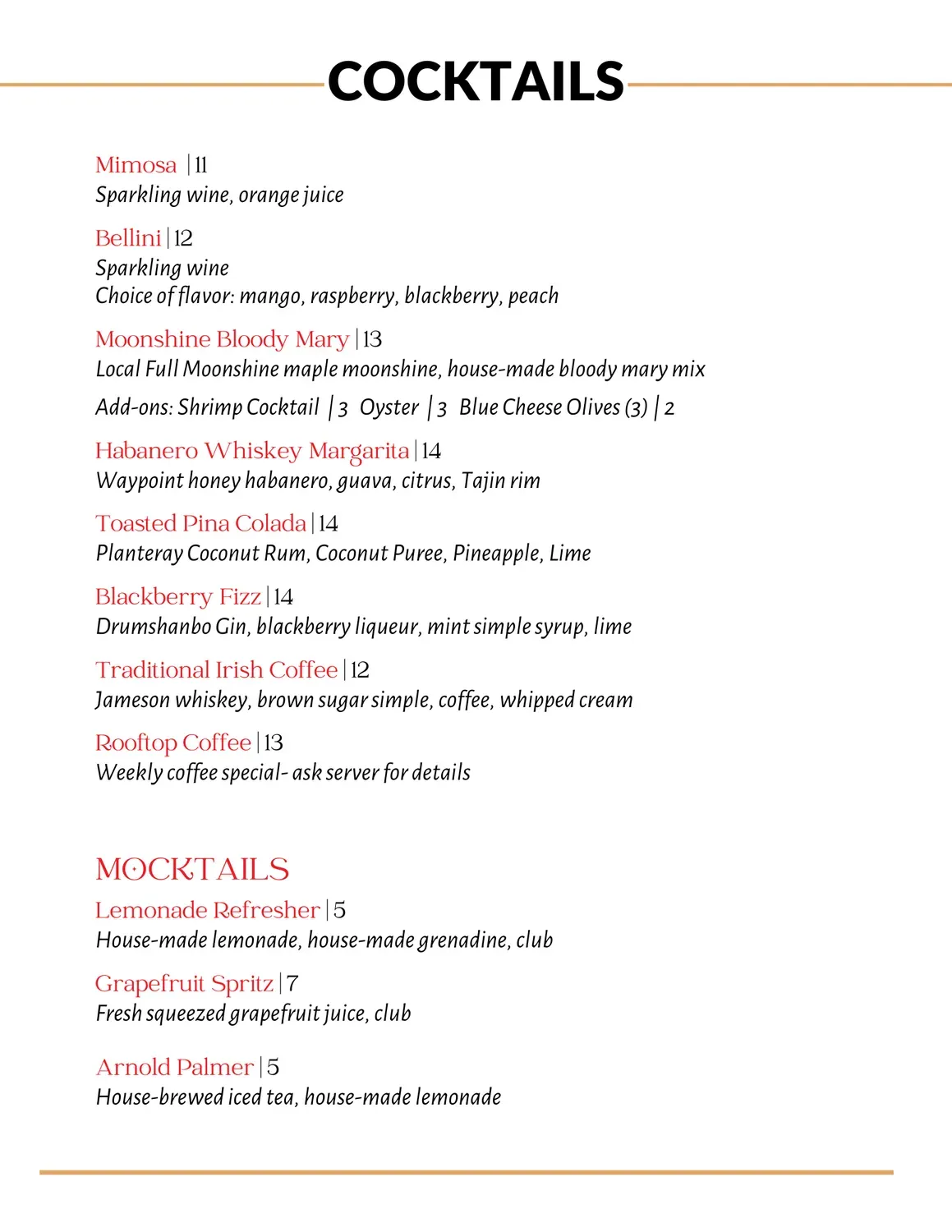 At The Rooftop Menu - Updated November 2025