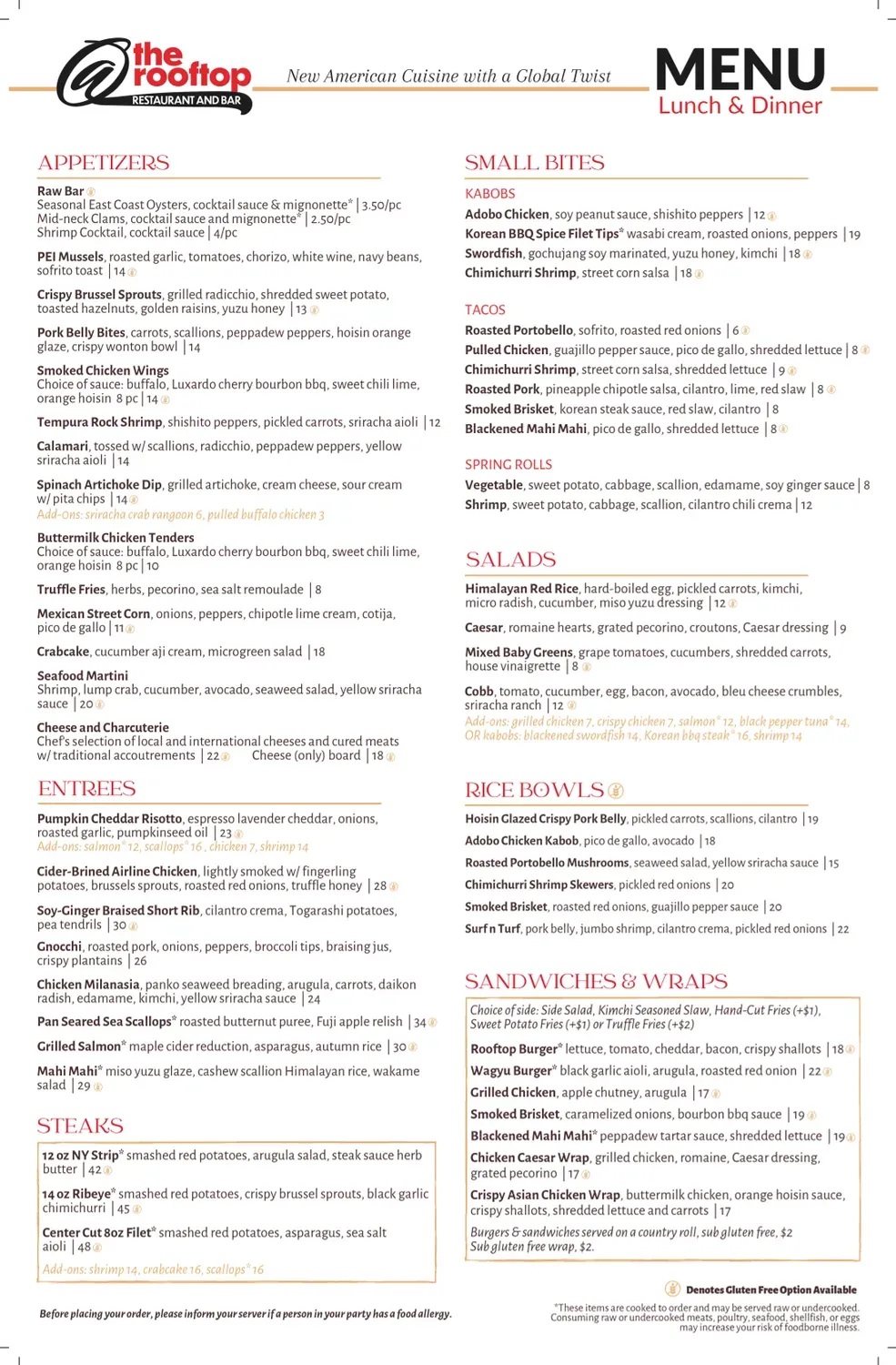 At The Rooftop Menu - Updated November 2025
