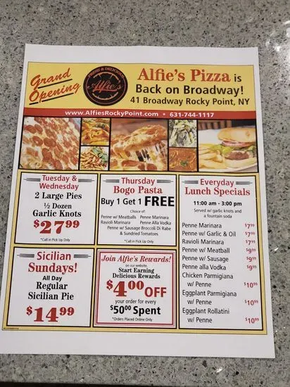 Alfie's Pizzeria & Restaurant Menu | Rocky Point, NY | Checkle