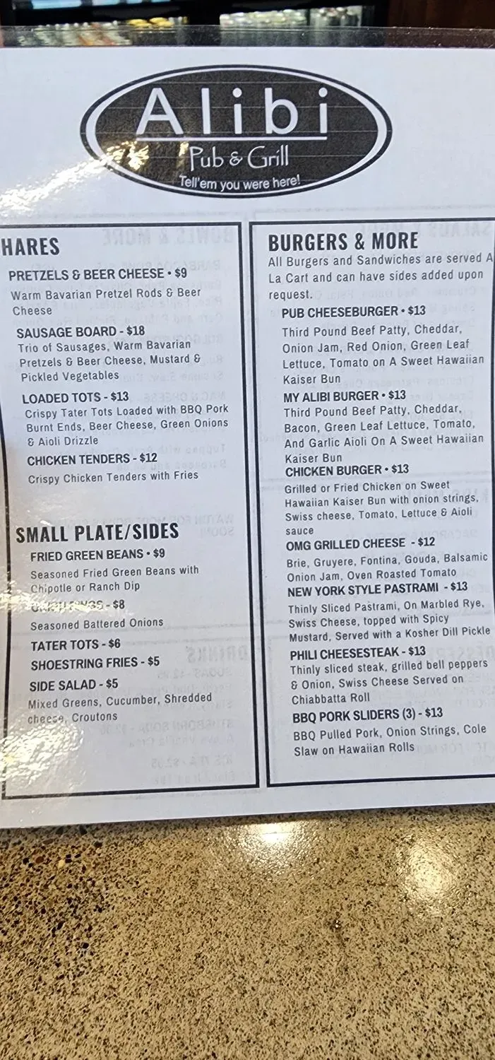 The Alibi Pub & Grill Menu - Updated October 2025