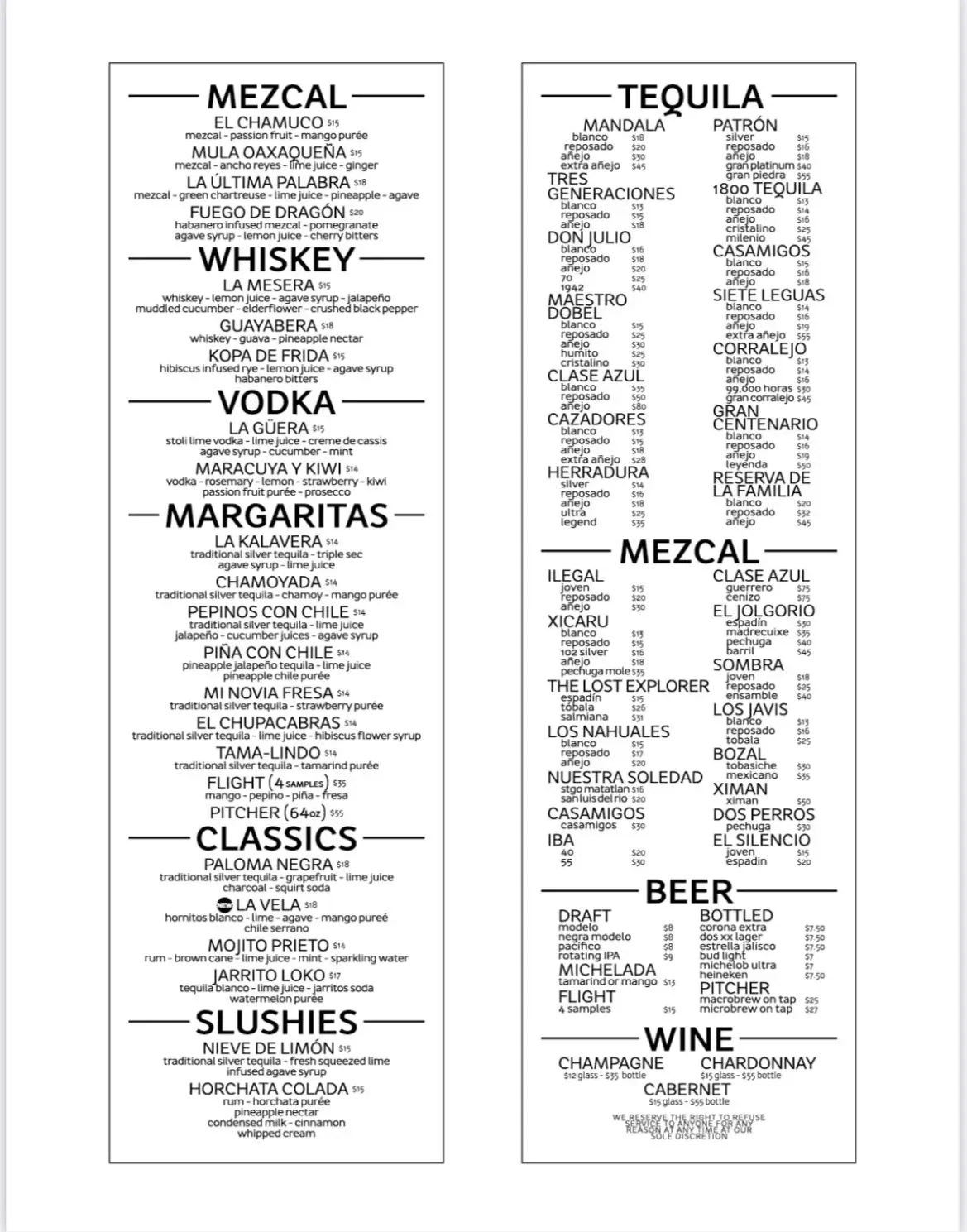 Kalaveras Menu - Updated November 2025