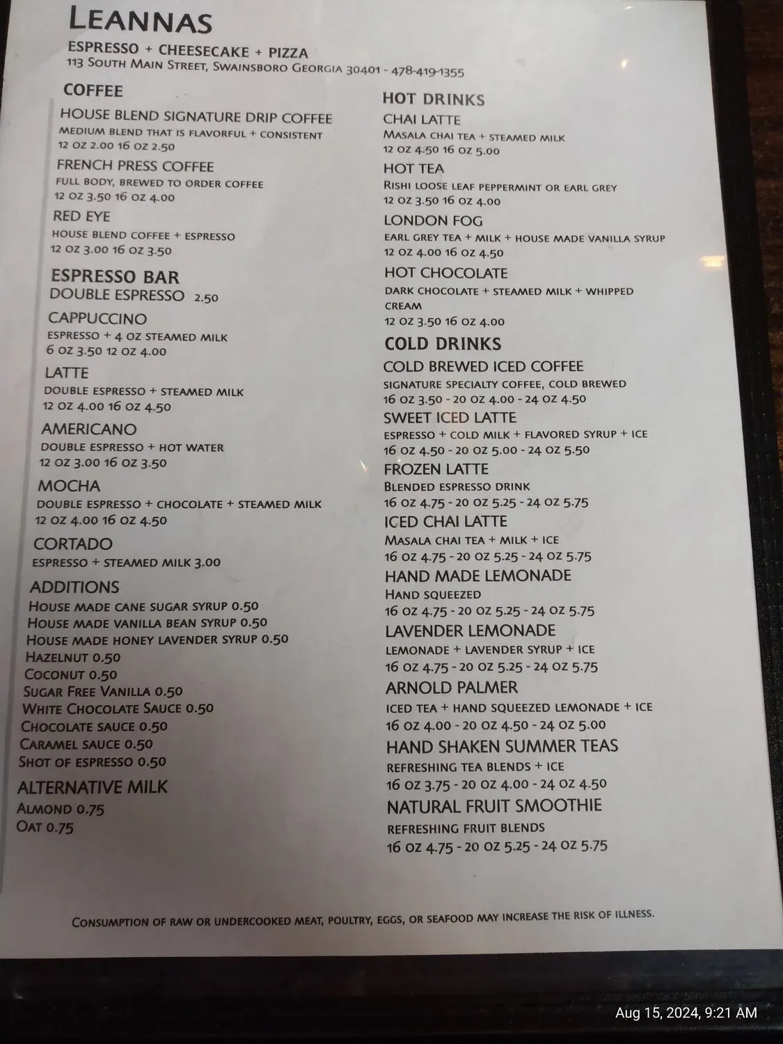 Leannas Menu - Updated November 2025
