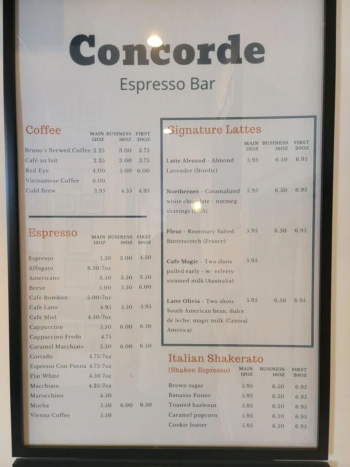 Concorde Espresso Bar Menu - Updated November 2025