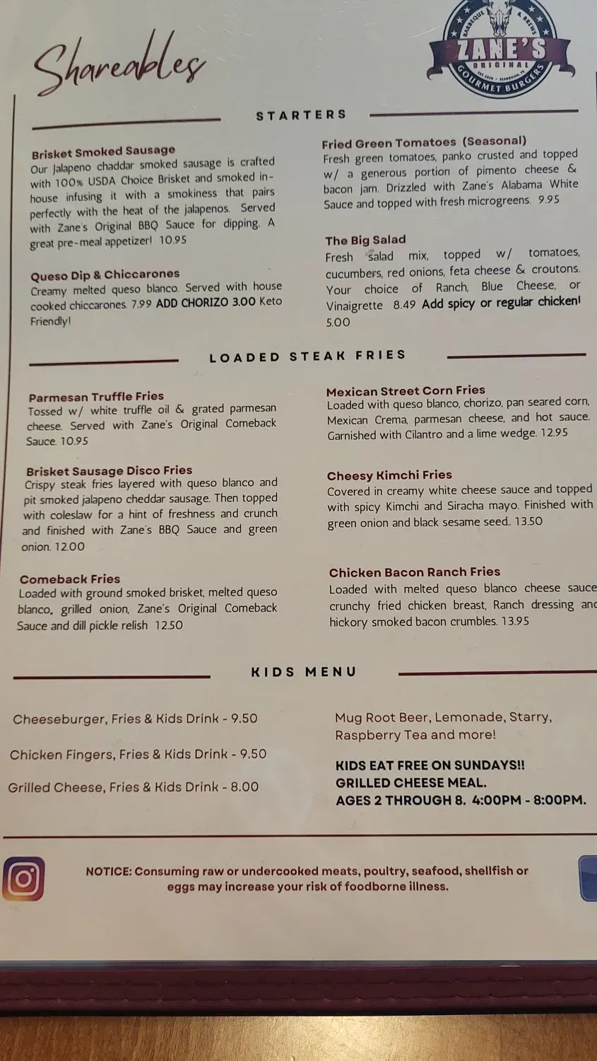 Zane's Original Menu - Updated November 2025