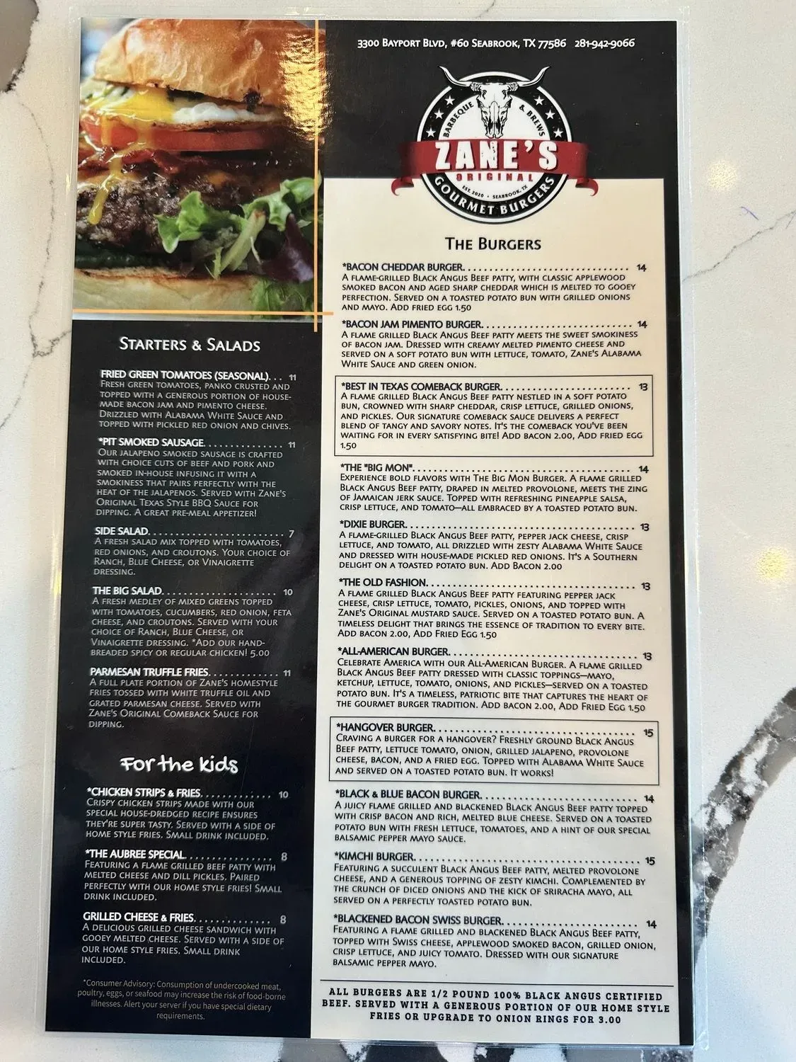 Zane's Original Menu - Updated November 2025
