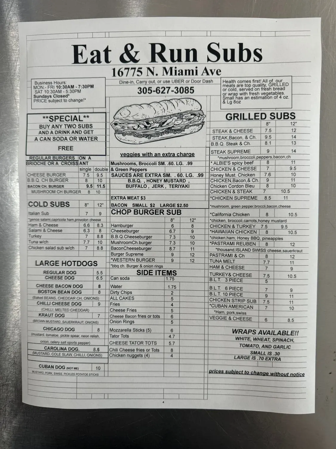 Eat & Run SUBS Menu - Updated November 2025