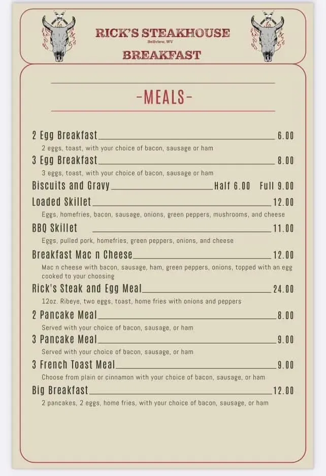 Rick’s Steakhouse Menu | Fairmont, WV | Checkle
