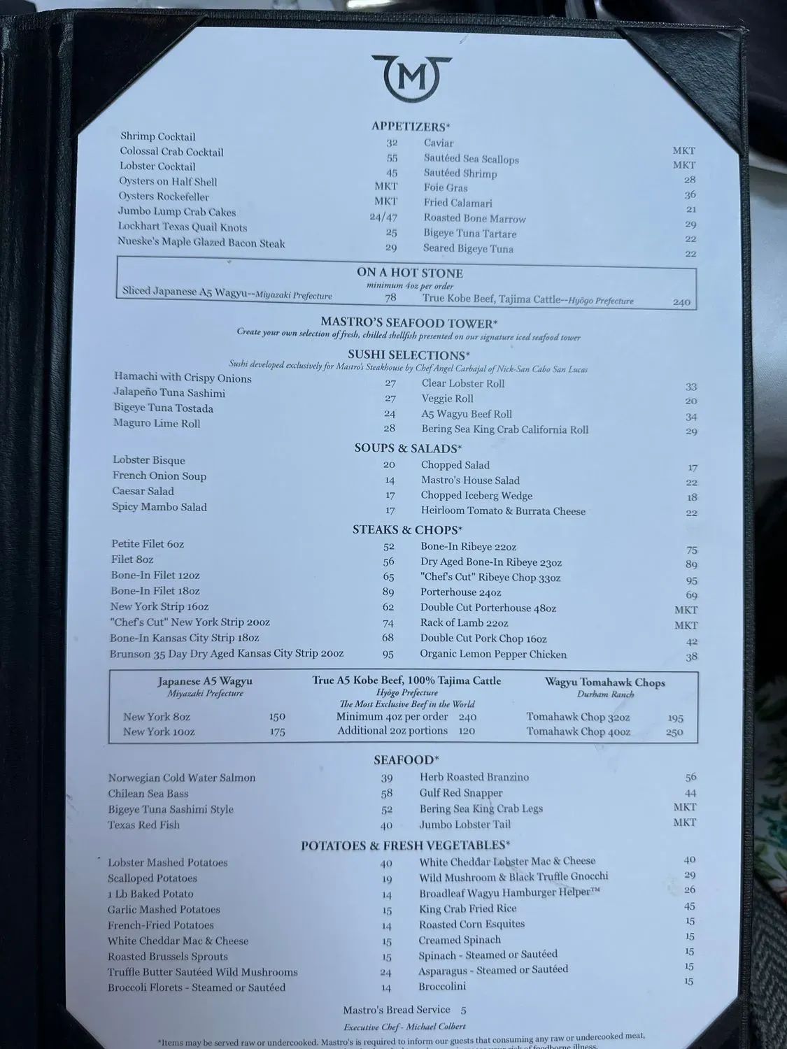 Mastro's Steakhouse Menu - Updated November 2025