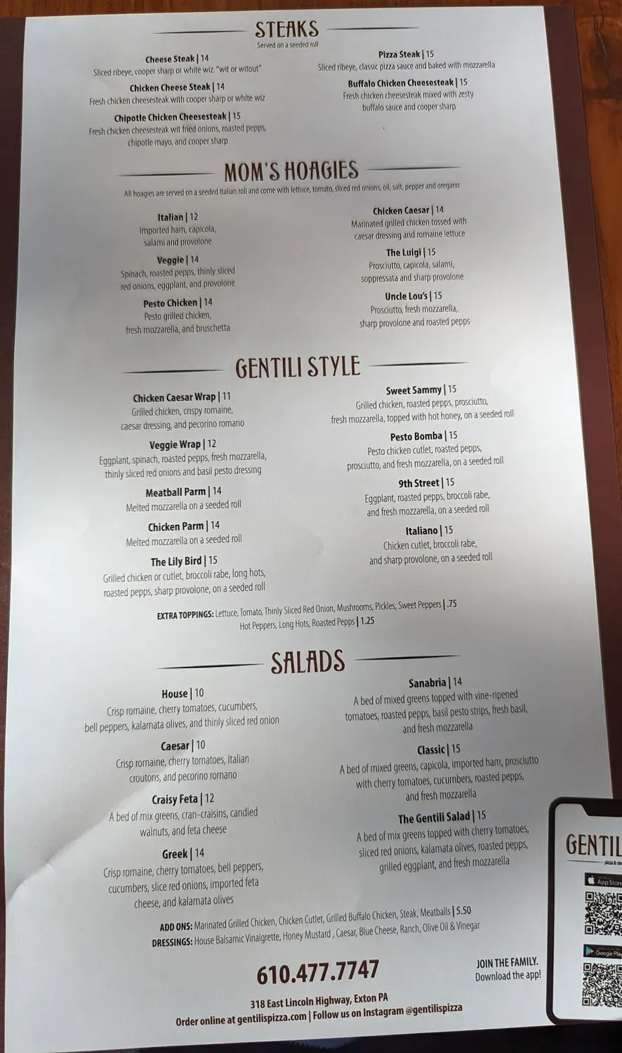 Gentili's Pizza & Steaks Menu - Updated November 2025