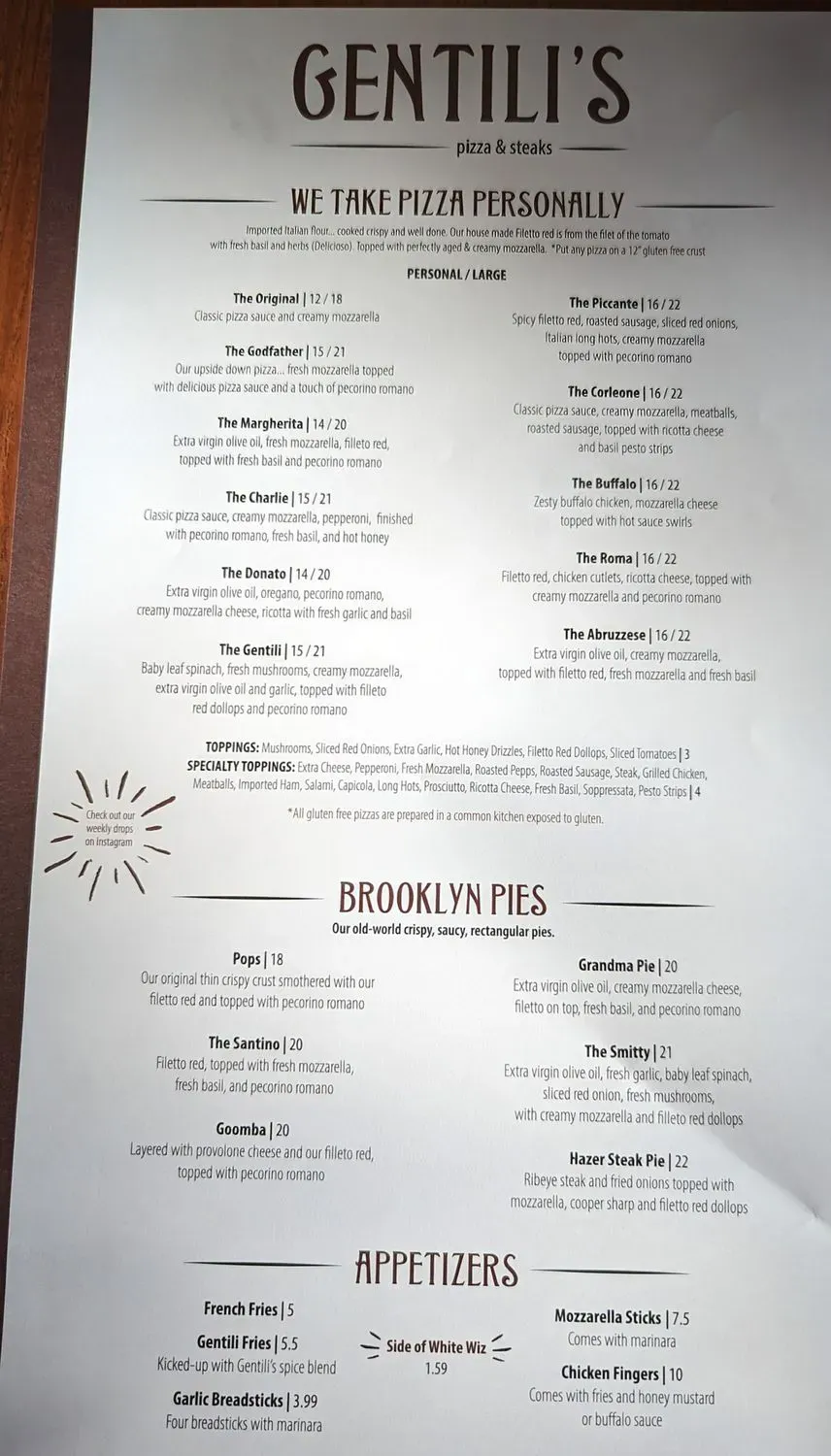 Gentili's Pizza & Steaks Menu - Updated November 2025