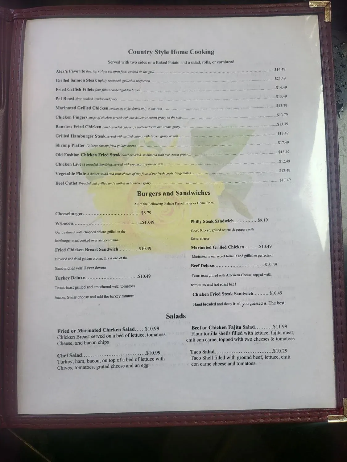 Yellow Rose Cafe Menu - Updated November 2025