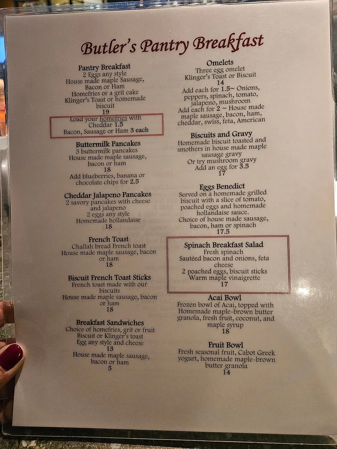 Butler's Pantry Breakfast and Dinner Menu - Updated November 2025
